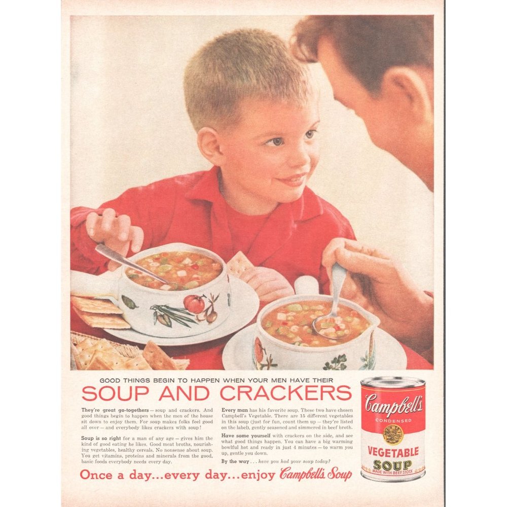 1960 Campbell's Vegetable Soup Vintage Print Ad Father Son Lunch Plate Wall Art